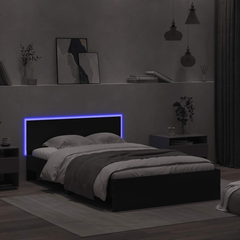 Estructura de cama con cabecero y luces LED negro 140x190
