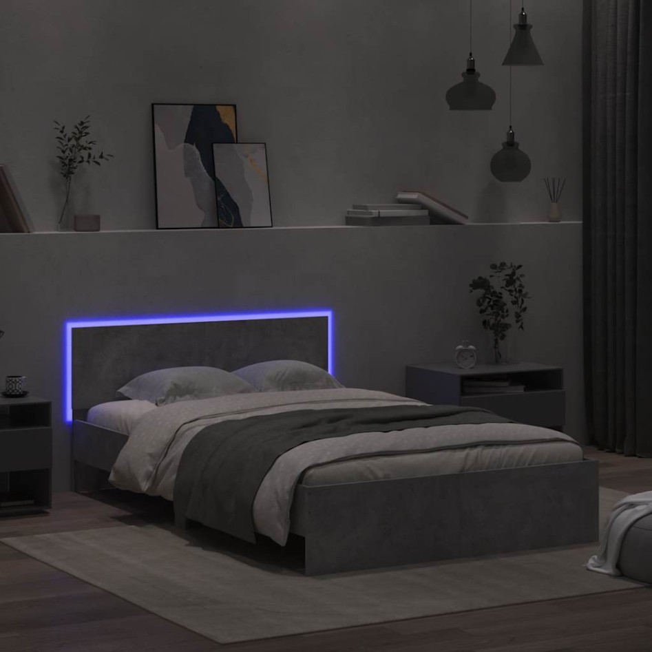 Estructura de cama cabecero y luces LED gris hormigón