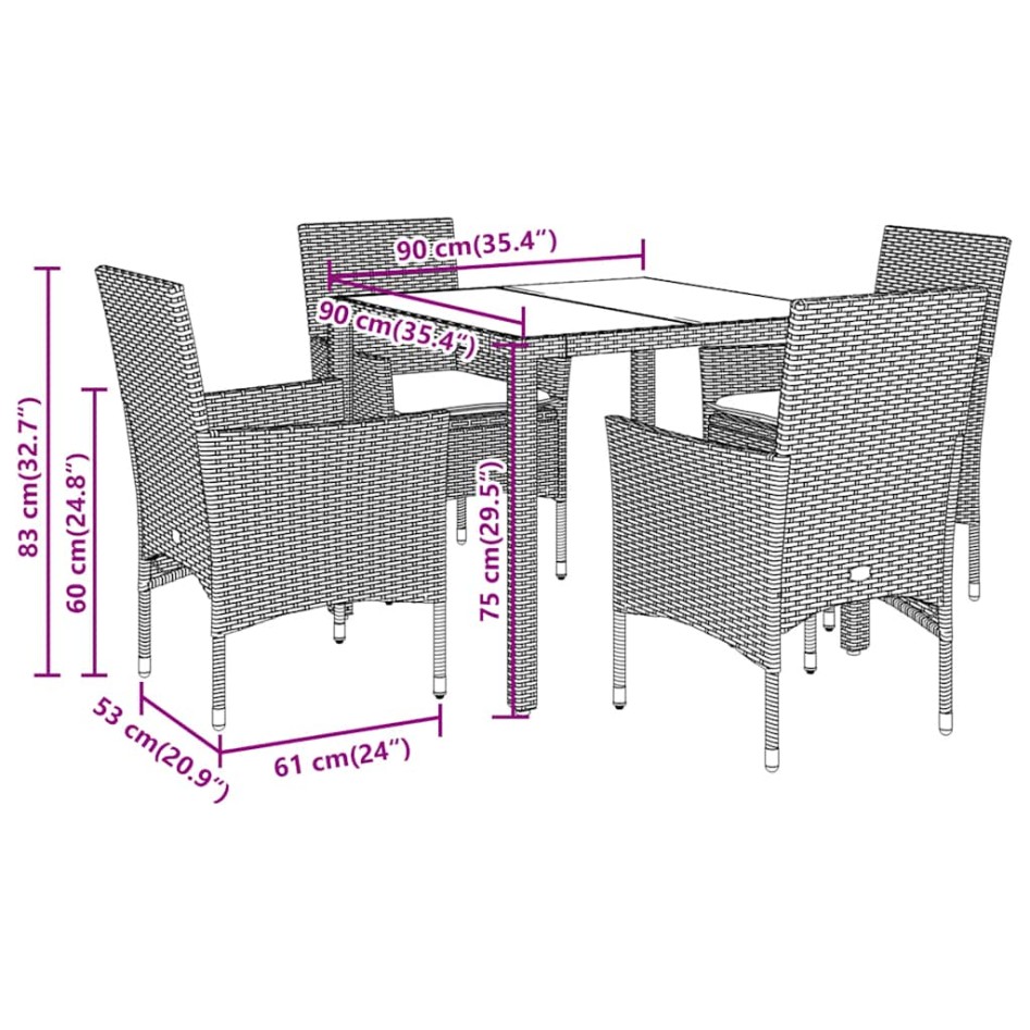 Set comedor jardín 5 pzas cojines ratán sintético vidrio