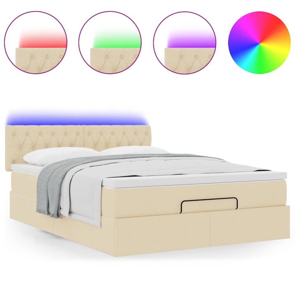 Cama otomana con colchón LED crema 140x190 cm