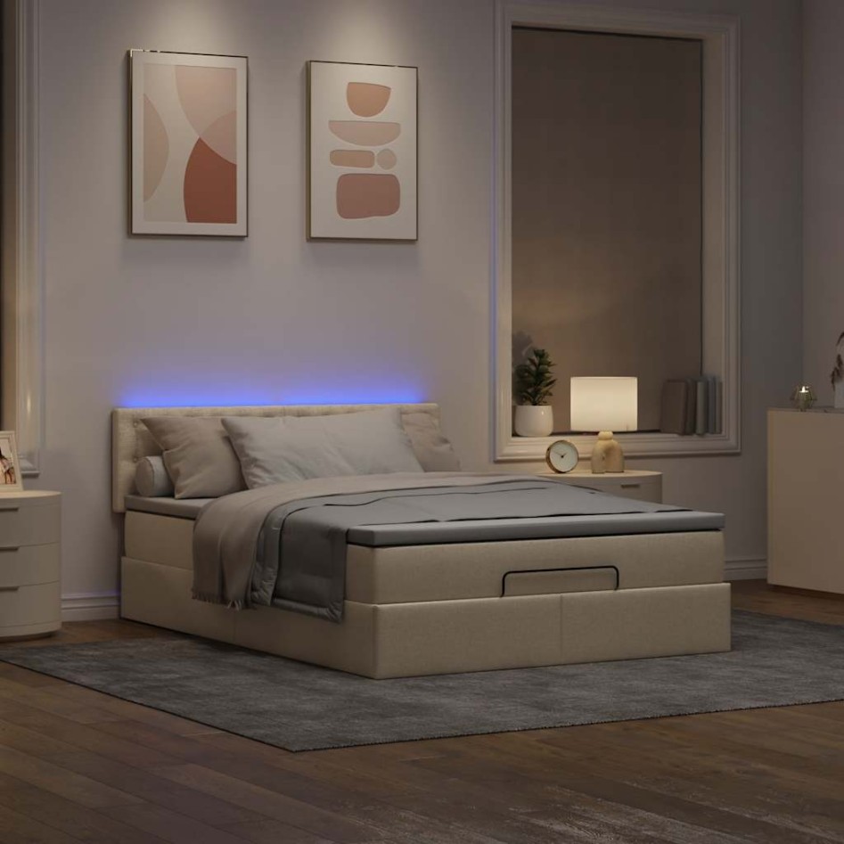 Cama otomana con colchón LED crema 140x190 cm