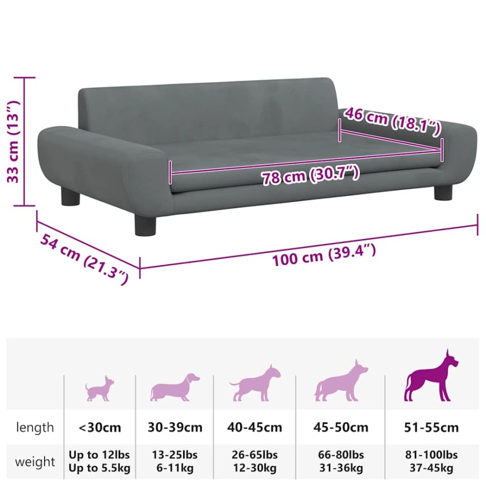 Cama para perros de terciopelo gris oscuro 100x54x33