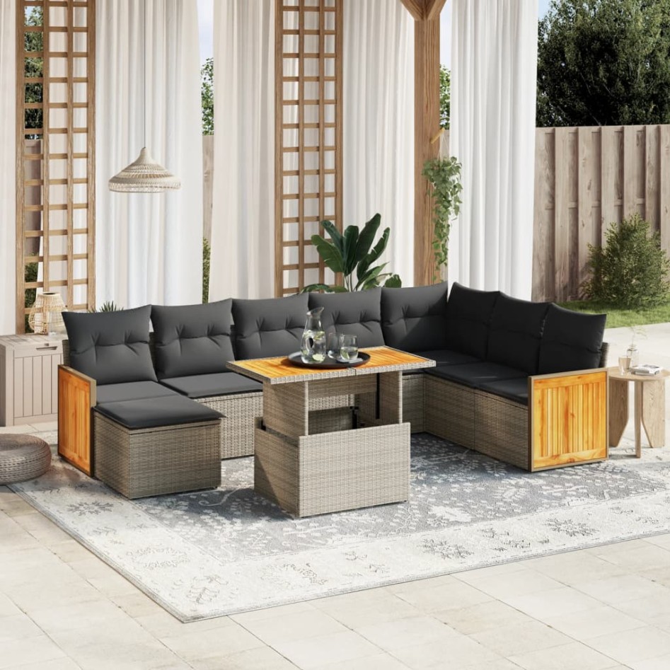 Set de muebles de jardín 9 pzas y cojines ratán sintético