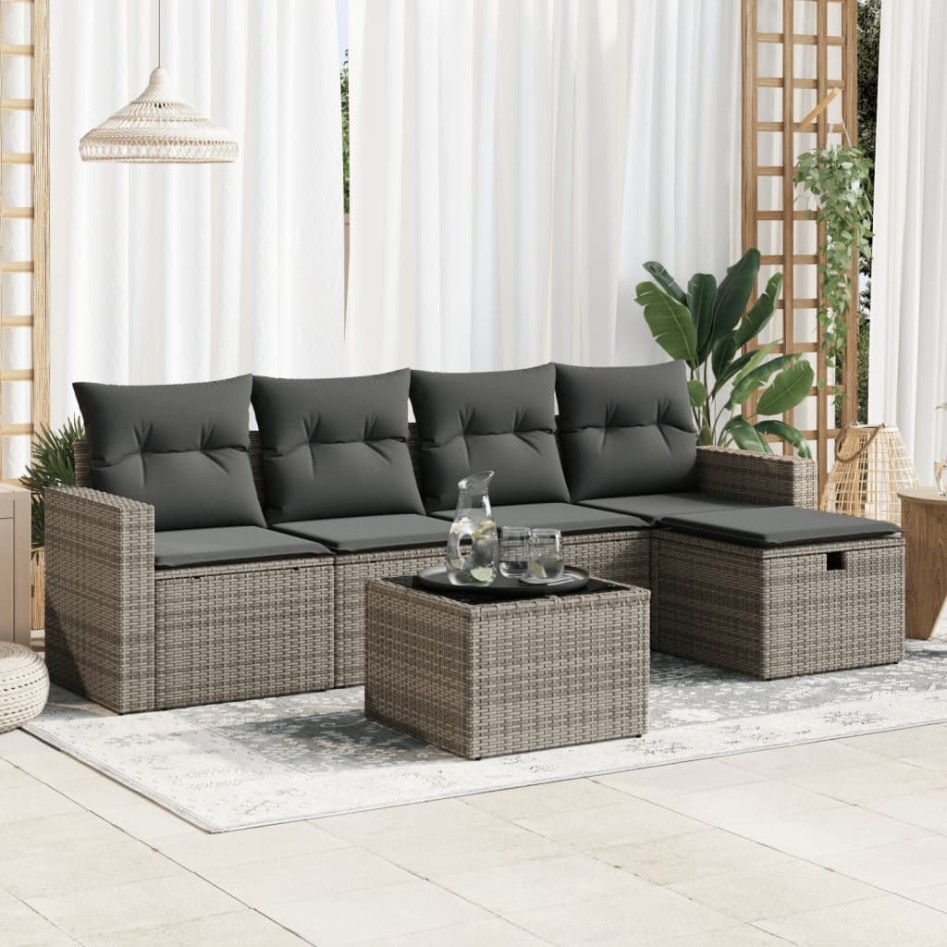 Set de muebles de jardín 6 pzas y cojines ratán sintético