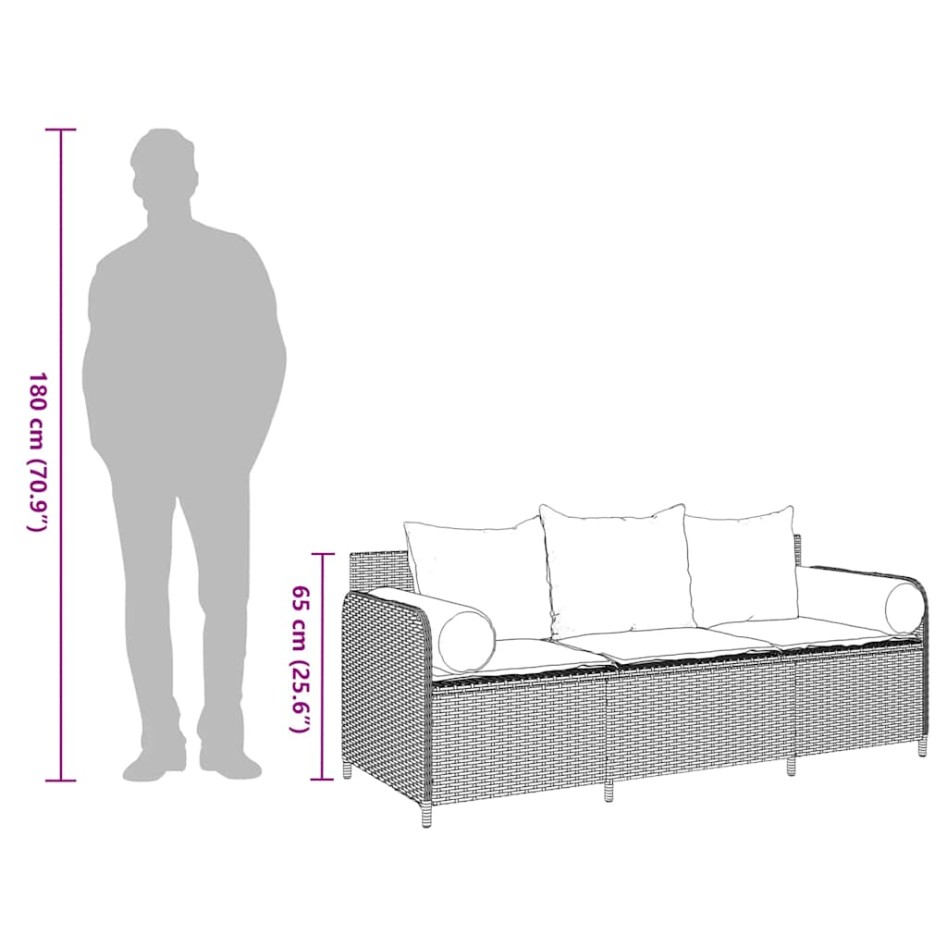 Sofá de jardín con cojines 3 plazas ratán sintético gris
