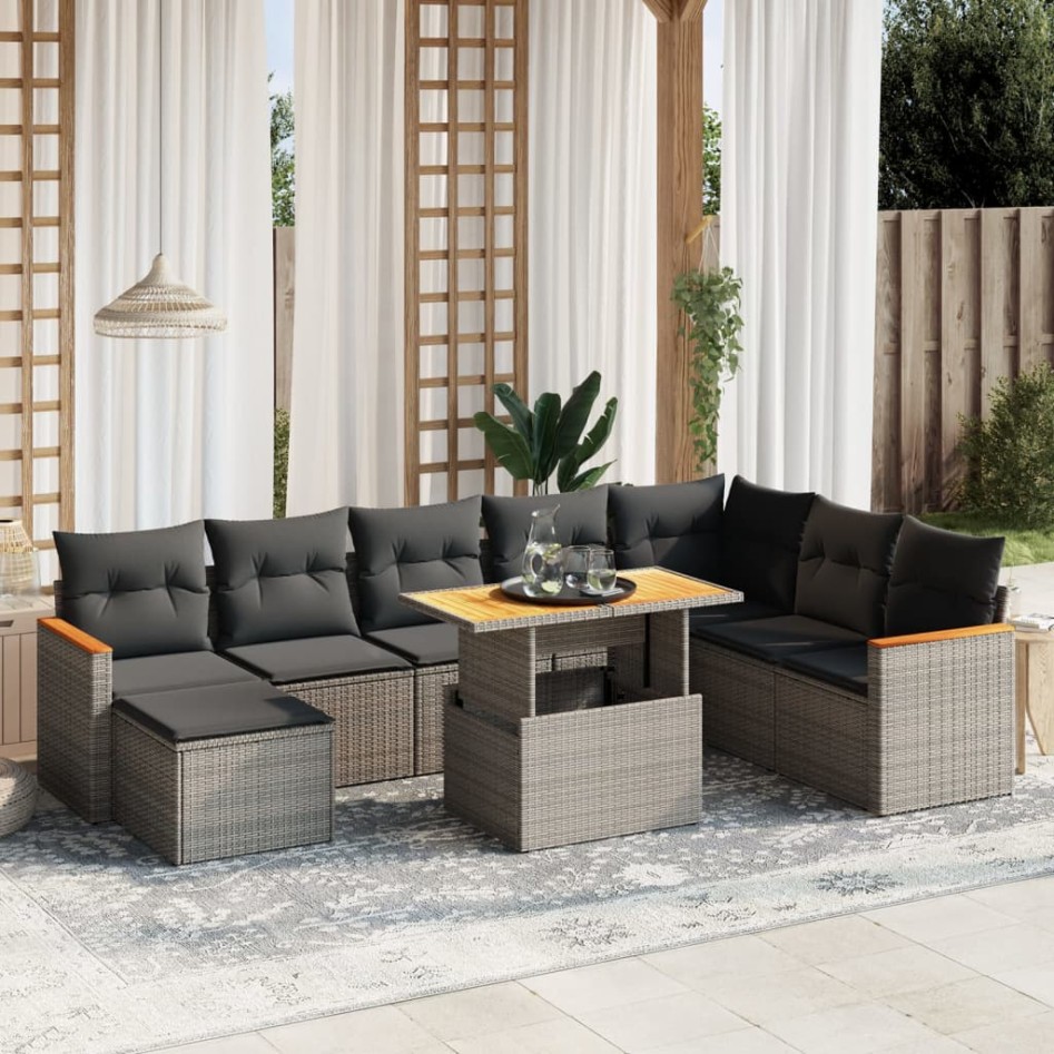 Set de muebles de jardín 9 pzas y cojines ratán sintético