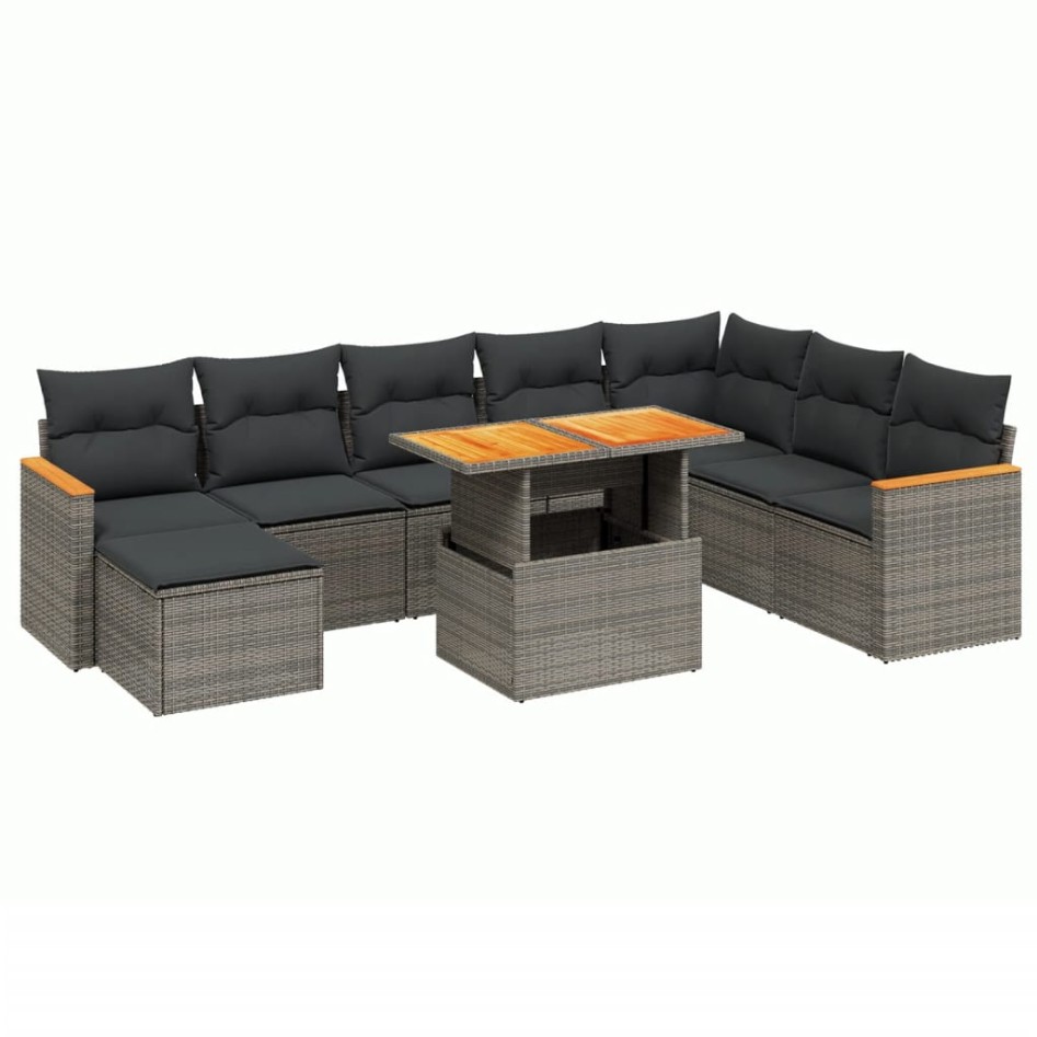 Set de muebles de jardín 9 pzas y cojines ratán sintético