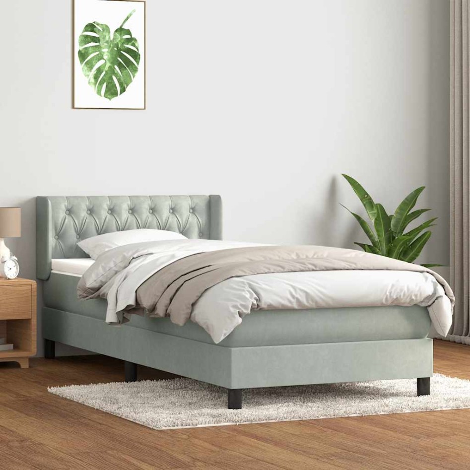 Cama box spring con colchón terciopelo gris claro 90x210