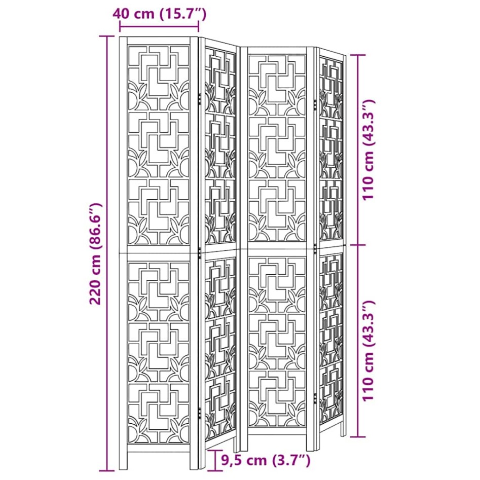 Biombo separador de 4 paneles madera maciza paulownia