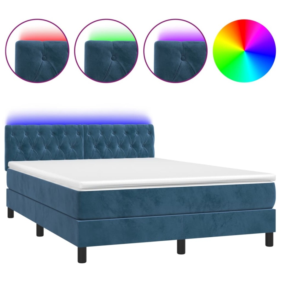 Cama box spring colchón y LED terciopelo azul oscuro 140x190