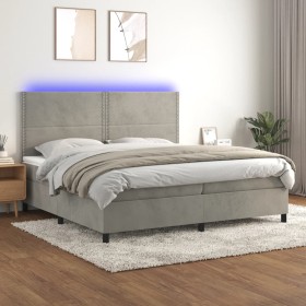 Cama box spring colchón y LED terciopelo gris claro 200x200