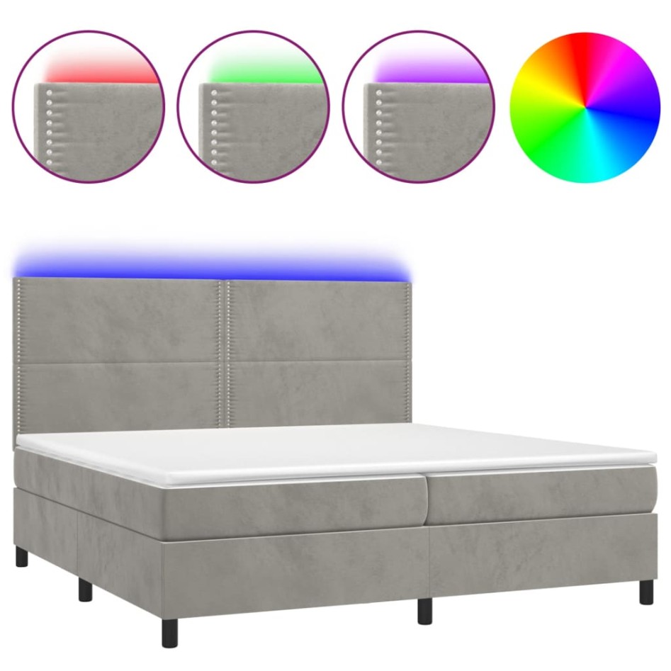Cama box spring colchón y LED terciopelo gris claro 200x200