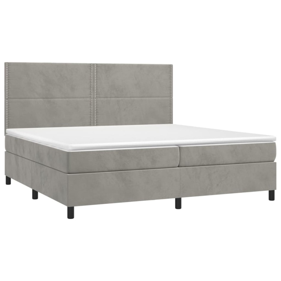 Cama box spring colchón y LED terciopelo gris claro 200x200