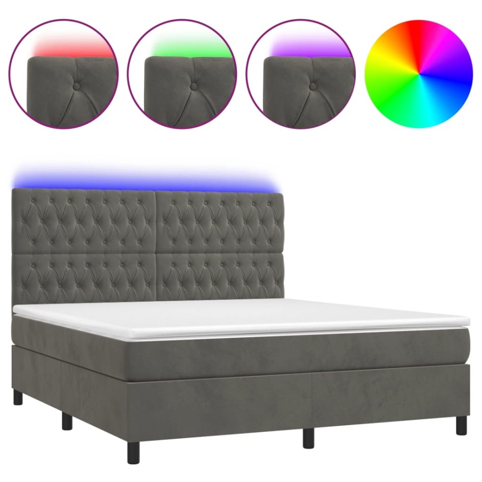 Cama box spring colchón y LED terciopelo gris oscuro 180x200