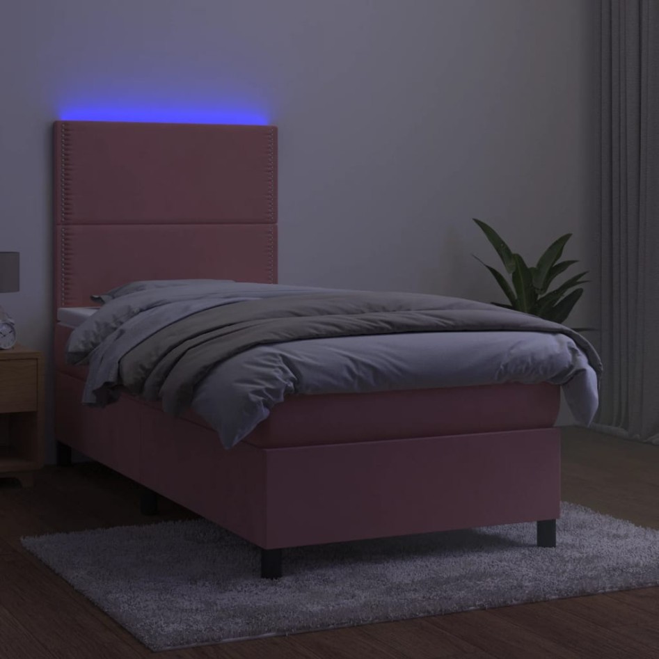 Cama box spring colchón y LED terciopelo rosa 80x200