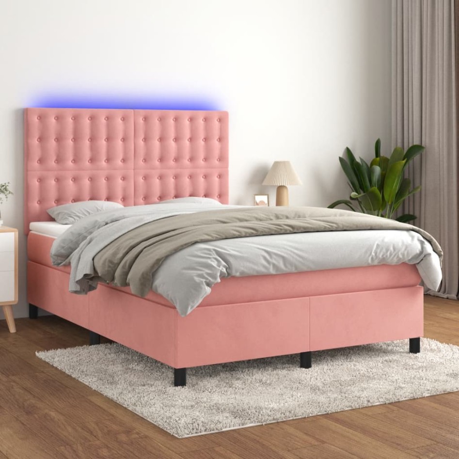 Cama box spring colchón y LED terciopelo rosa 140x200