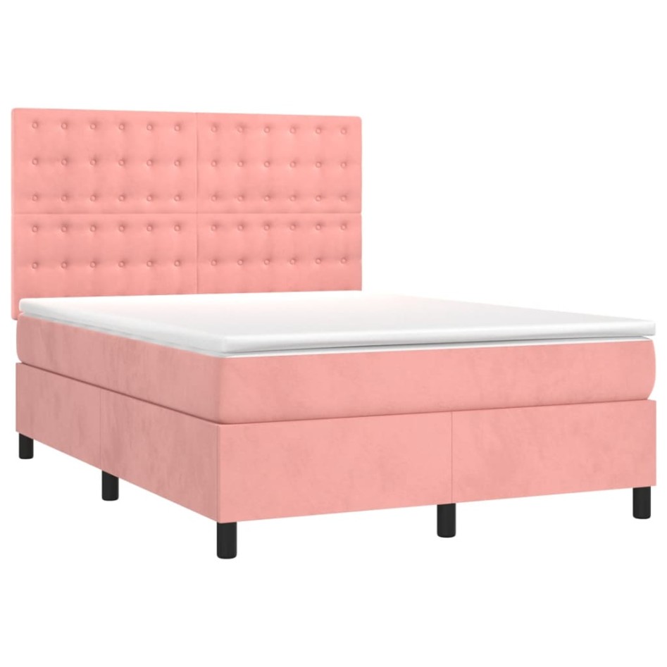 Cama box spring colchón y LED terciopelo rosa 140x200