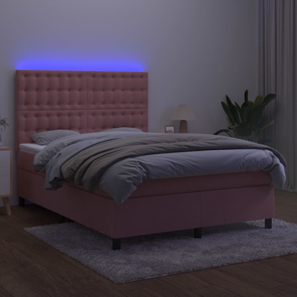 Cama box spring colchón y LED terciopelo rosa 140x200