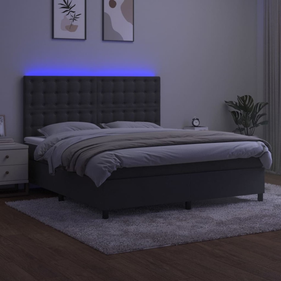 Cama box spring colchón y LED terciopelo gris oscuro 160x200