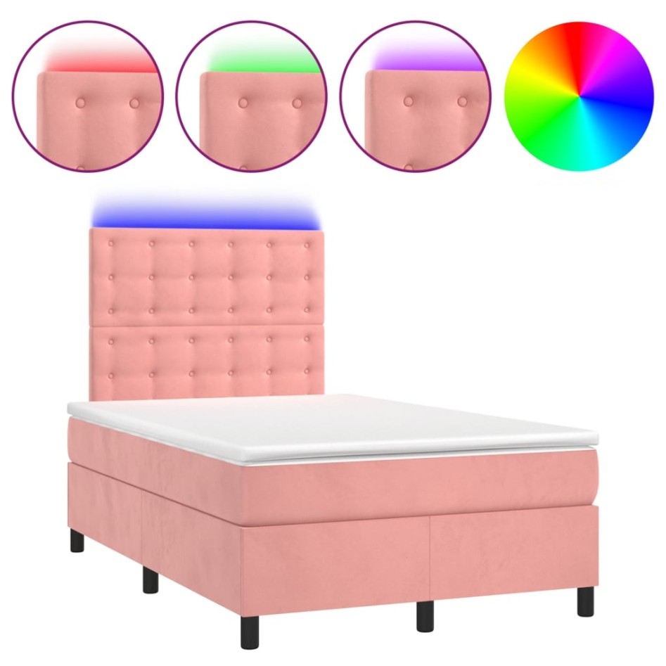 Cama box spring colchón y LED terciopelo rosa 120x200