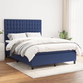 Cama box spring con colchón tela azul 140x200