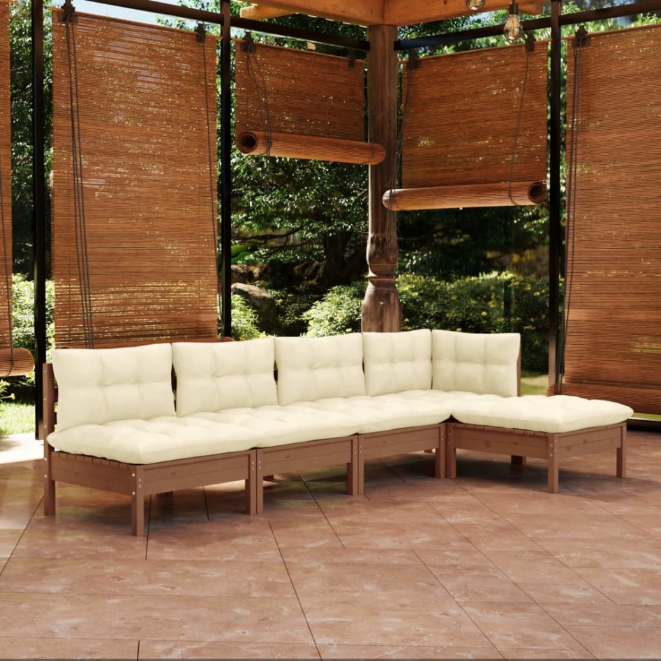 Muebles de jardín 5 pzas y cojines madera de pino marrón