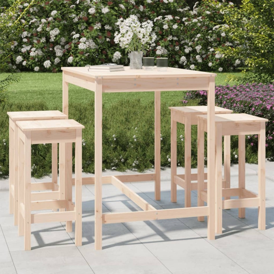 Set de mesa y taburetes altos jardín 5 pzas madera maciza