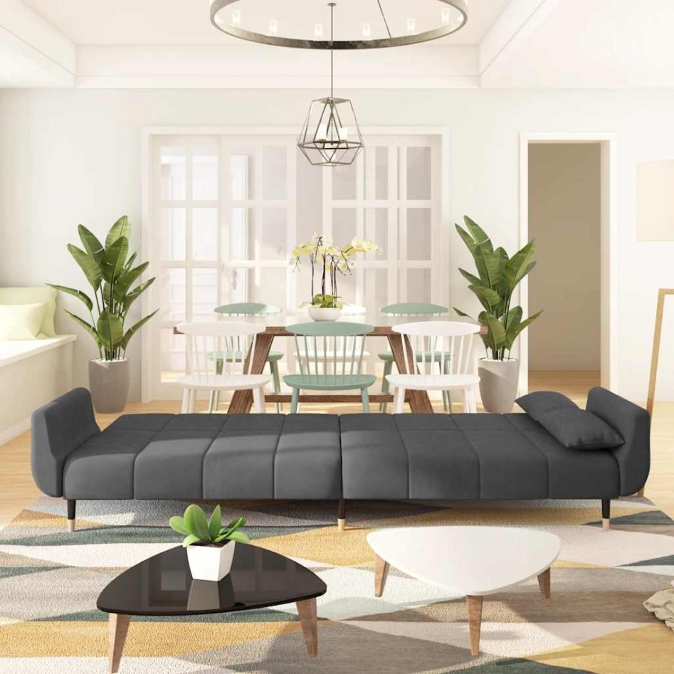 Sofá cama de 2 plazas con dos almohadas terciopelo gris