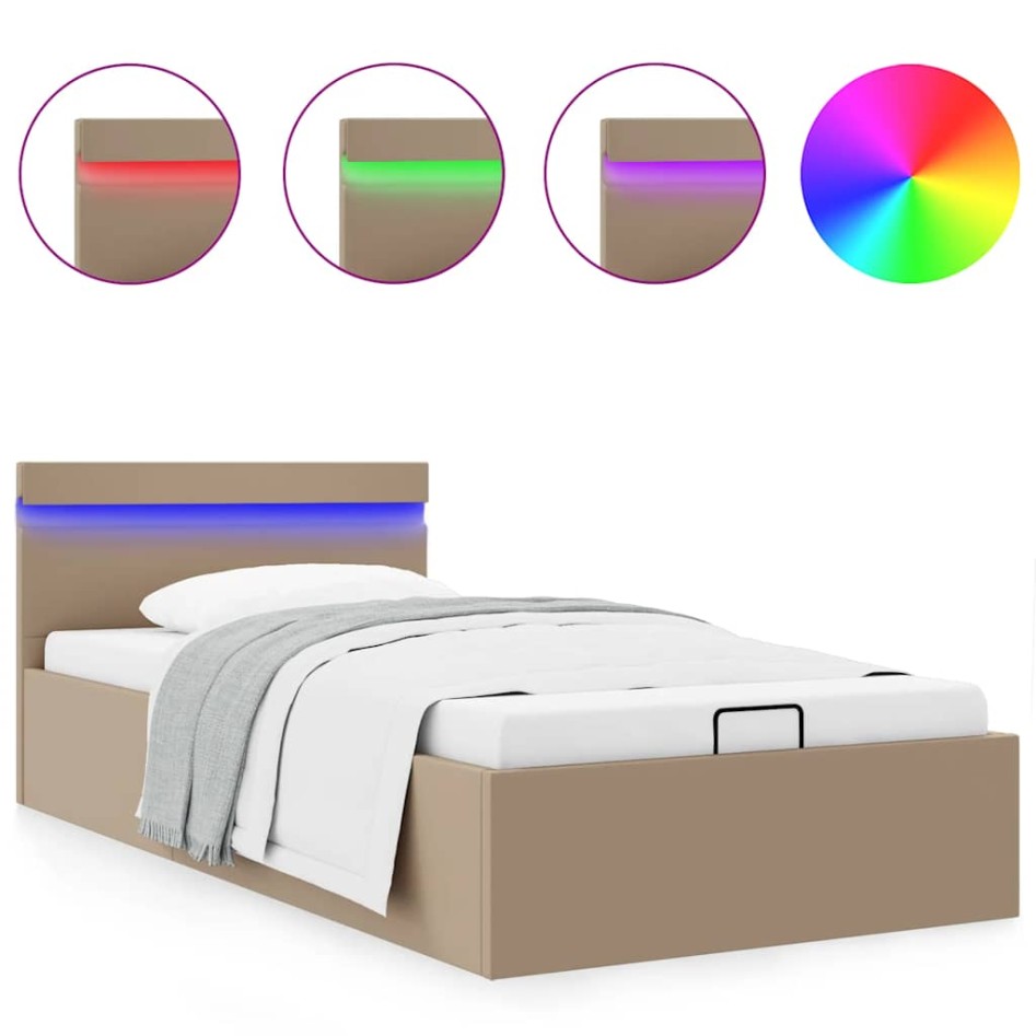 Cama canapé hidráulica LED cuero sintético capuchino 100x200