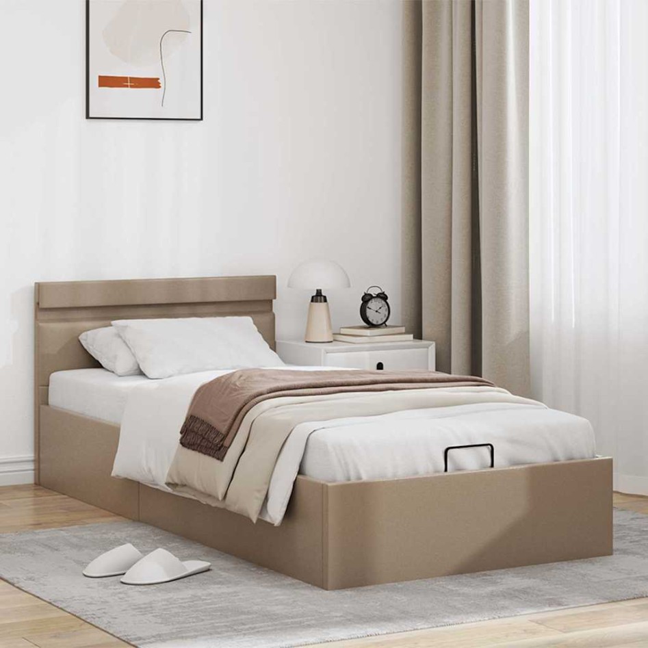 Cama canapé hidráulica LED cuero sintético capuchino 100x200