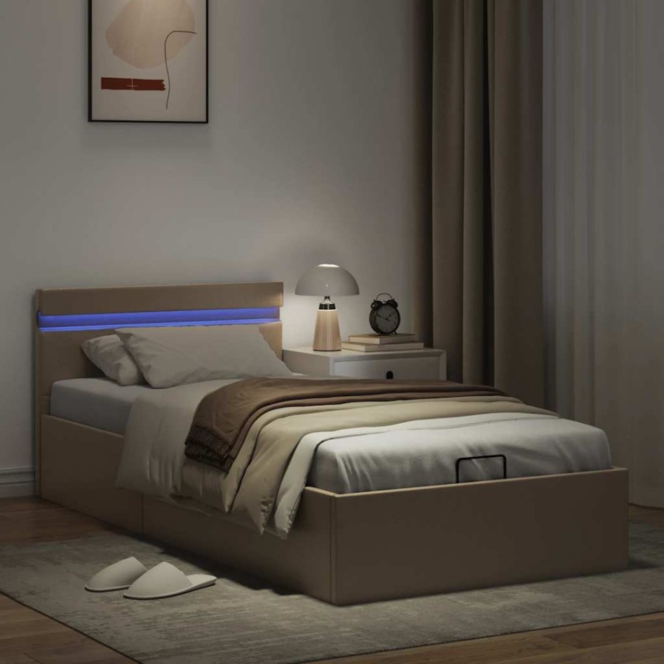 Cama canapé hidráulica LED cuero sintético capuchino 100x200