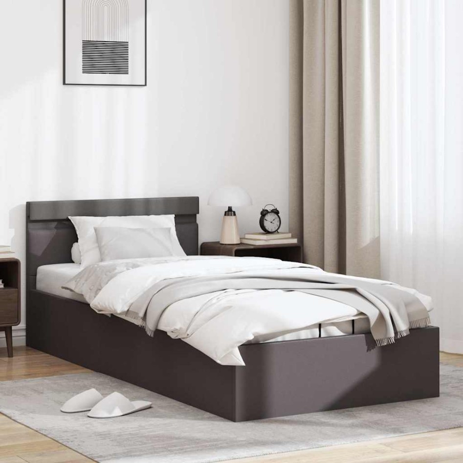 Cama canapé hidráulica con LED cuero sintético gris 90x200