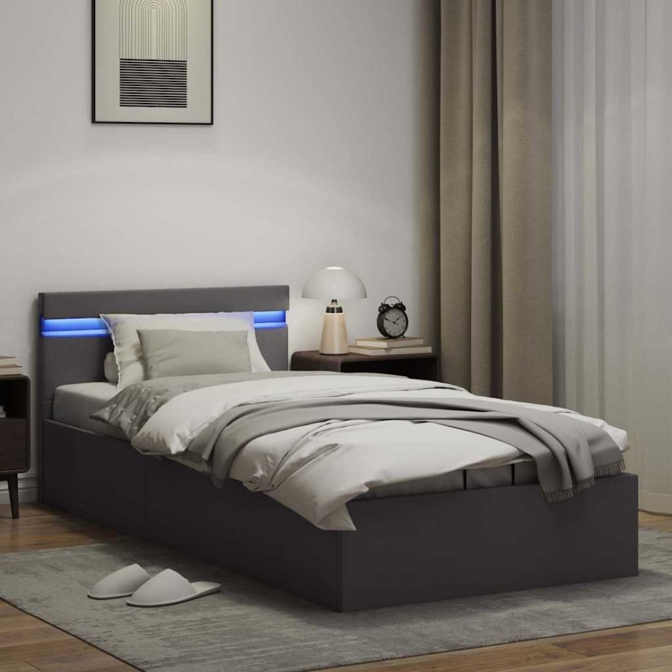 Cama canapé hidráulica con LED cuero sintético gris 90x200