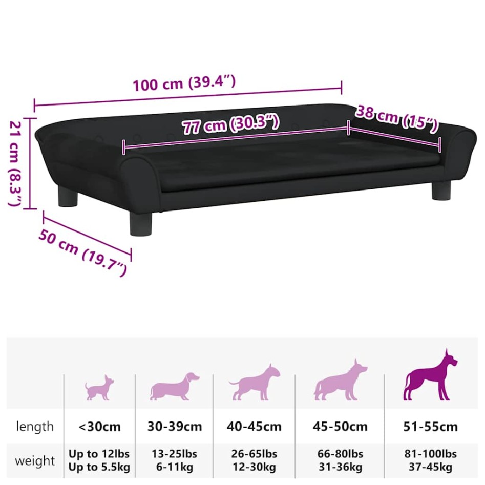 Cama para perros de terciopelo negra 100x50x21