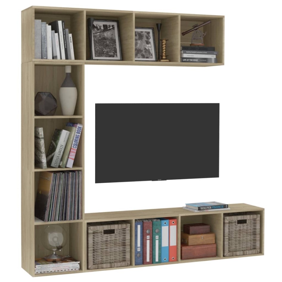 Mueble de TV y librería 3 piezas roble Sonoma 180x30x180