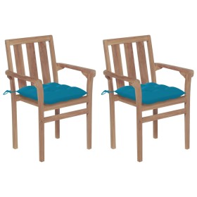 Sillas de jardín 2 uds madera de teca con cojines azul
