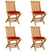 Sillas de jardín 4 uds con cojines rojos madera de teca