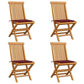 Sillas de jardín 4 uds con cojines rojo tinto madera de
