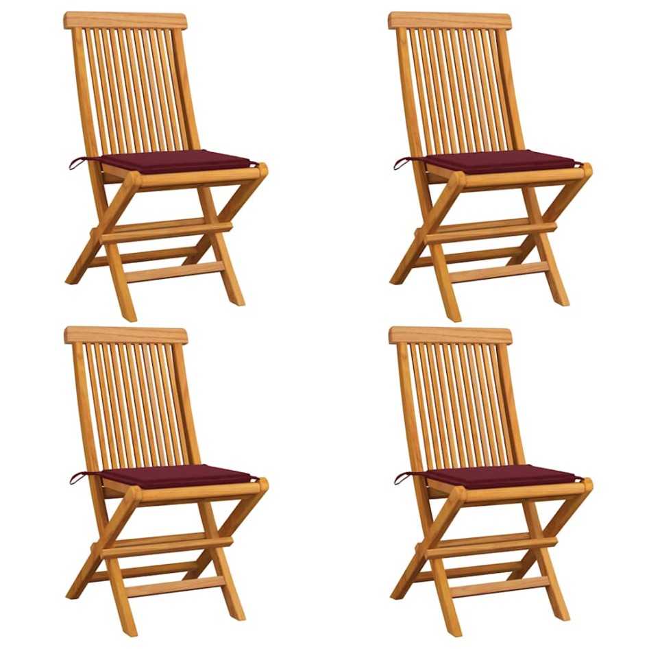 Sillas de jardín 4 uds con cojines rojo tinto madera de