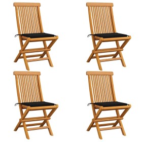 Sillas de jardín 4 uds con cojines negros madera de