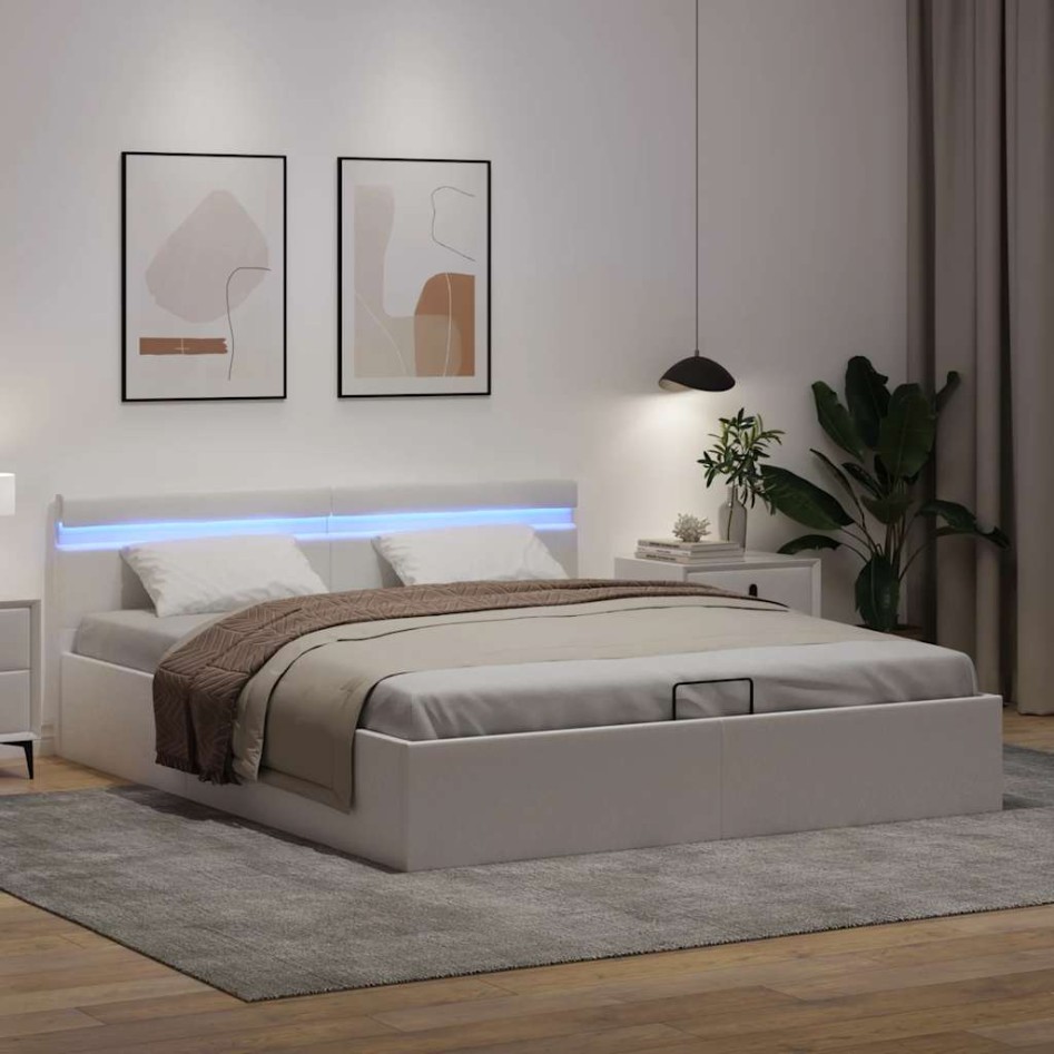 Cama canapé hidráulica con LED sin colchón blanco 160x200