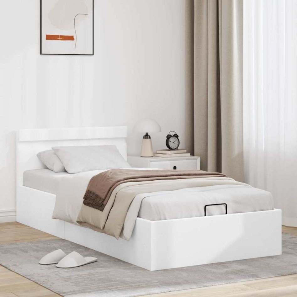 Cama canapé hidráulica con LED sin colchón blanco 90x200