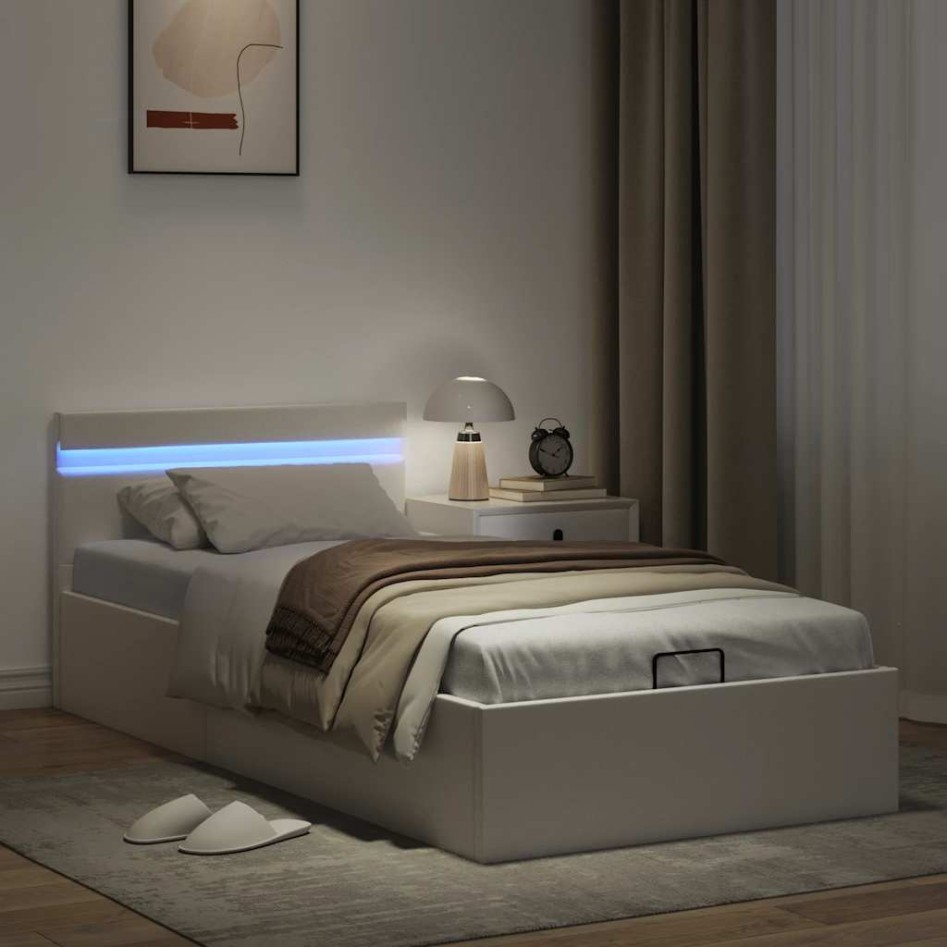 Cama canapé hidráulica con LED sin colchón blanco 90x200