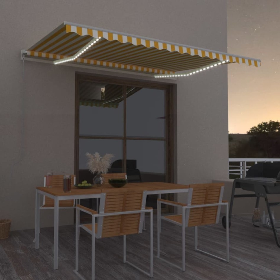 Toldo retráctil manual con LED amarillo y blanco 450x300