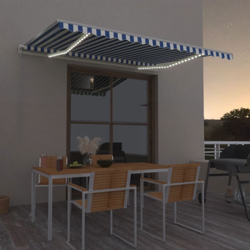 Toldo retráctil manual con LED azul y blanco 450x350