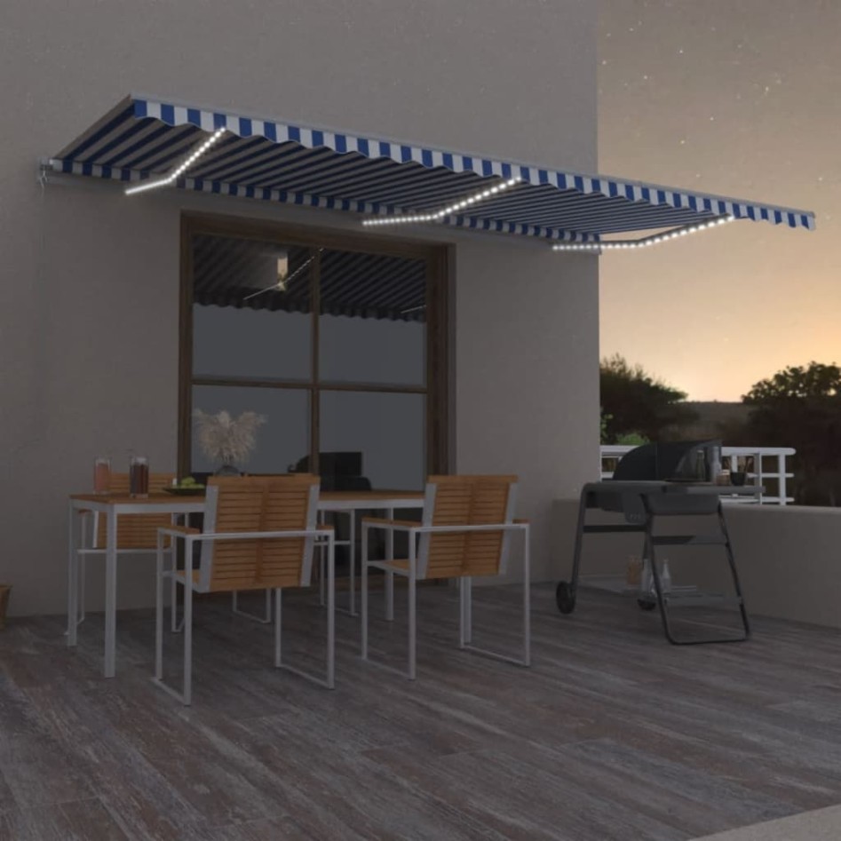 Toldo manual retráctil con LED azul y blanco 600x350