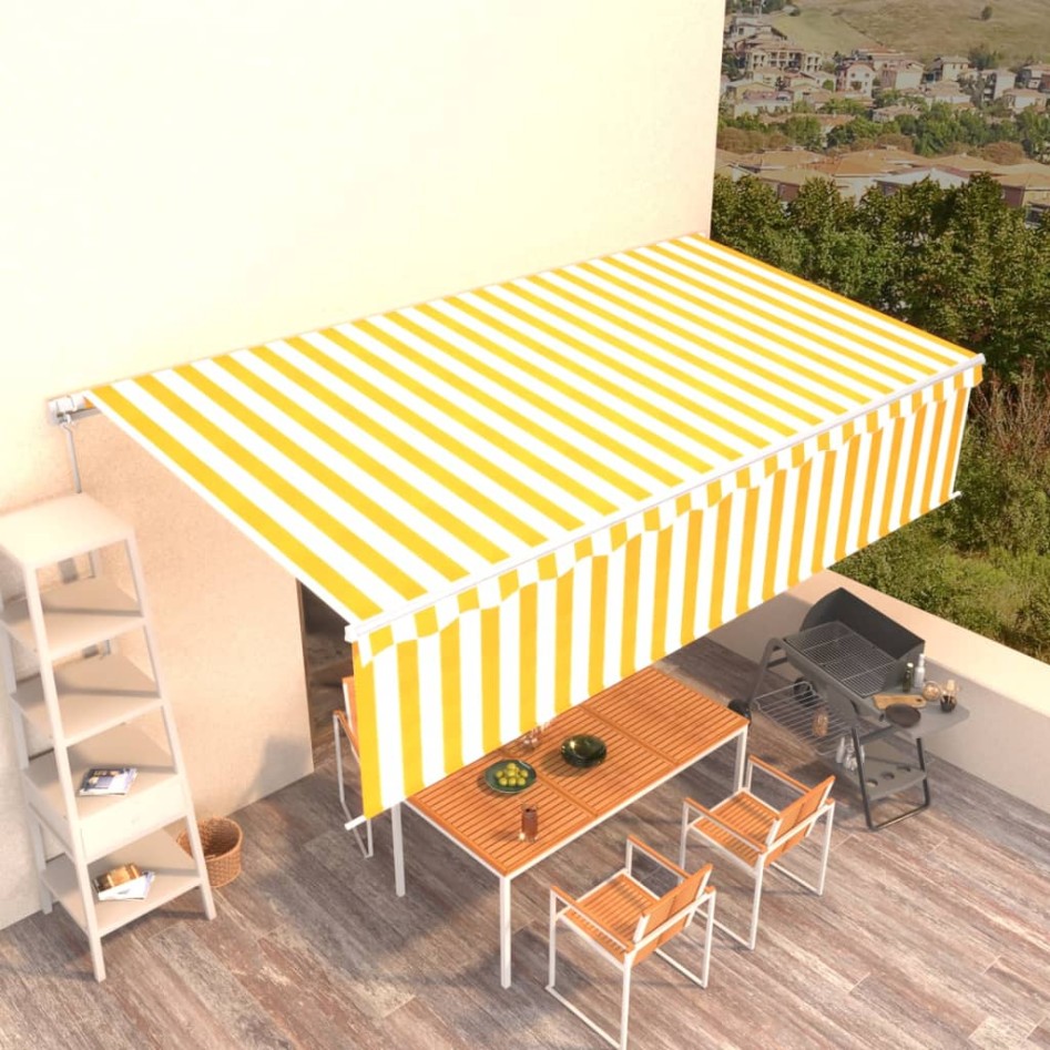 Toldo retráctil manual con persiana amarillo y blanco 6x3