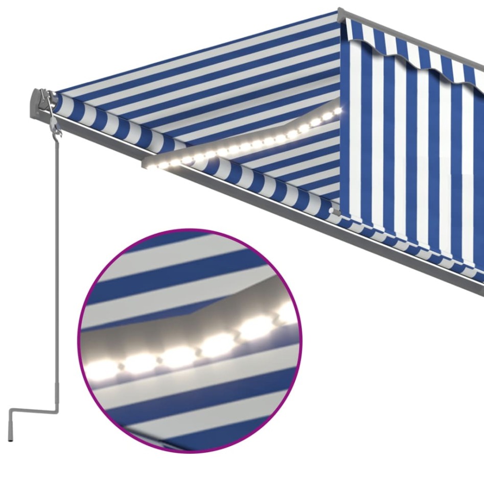 Toldo retráctil manual con persiana y LED azul y blanco 6x3