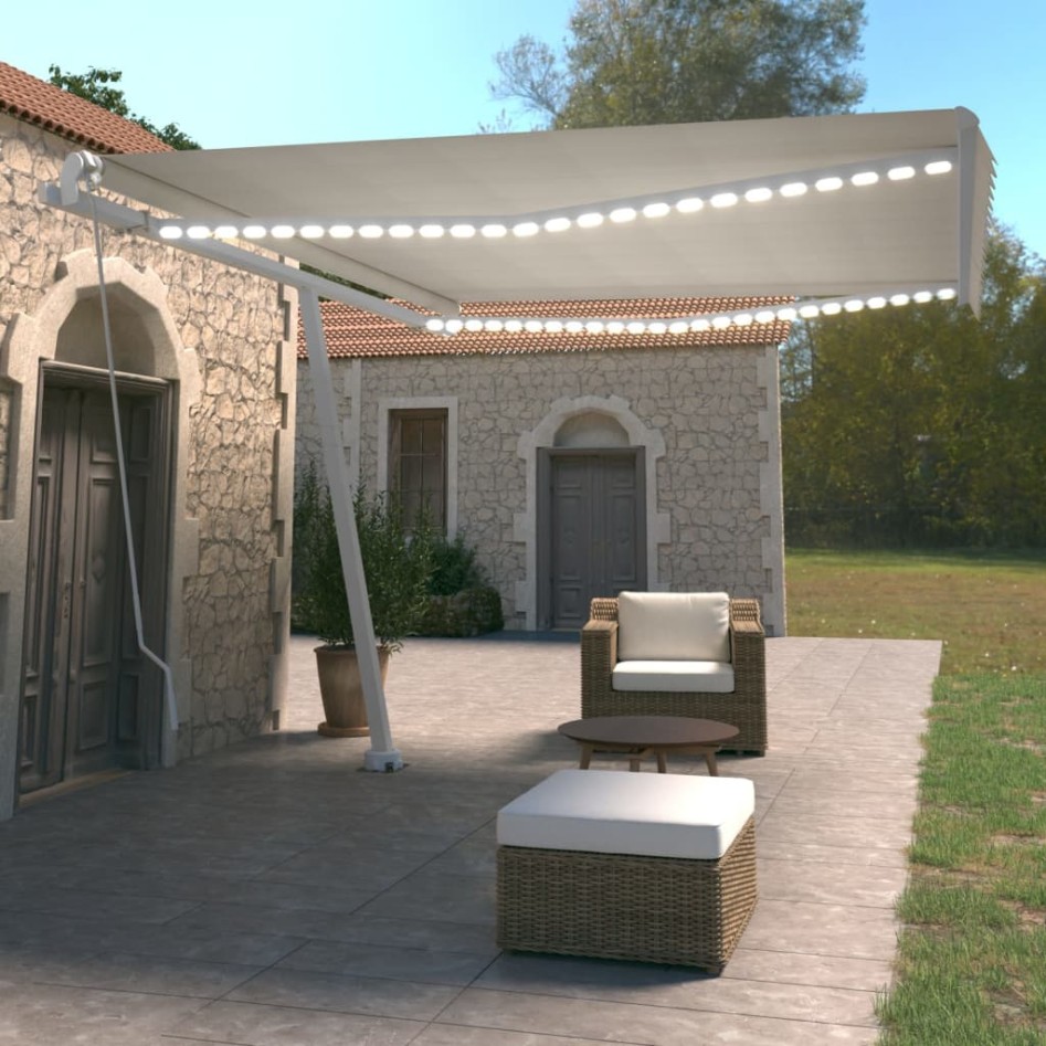 Toldo manual retráctil con luz LED crema 450x350