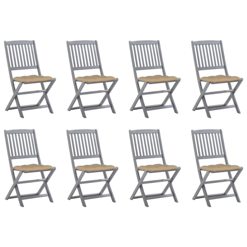 Sillas de jardín plegables 8 uds y cojines madera maciza